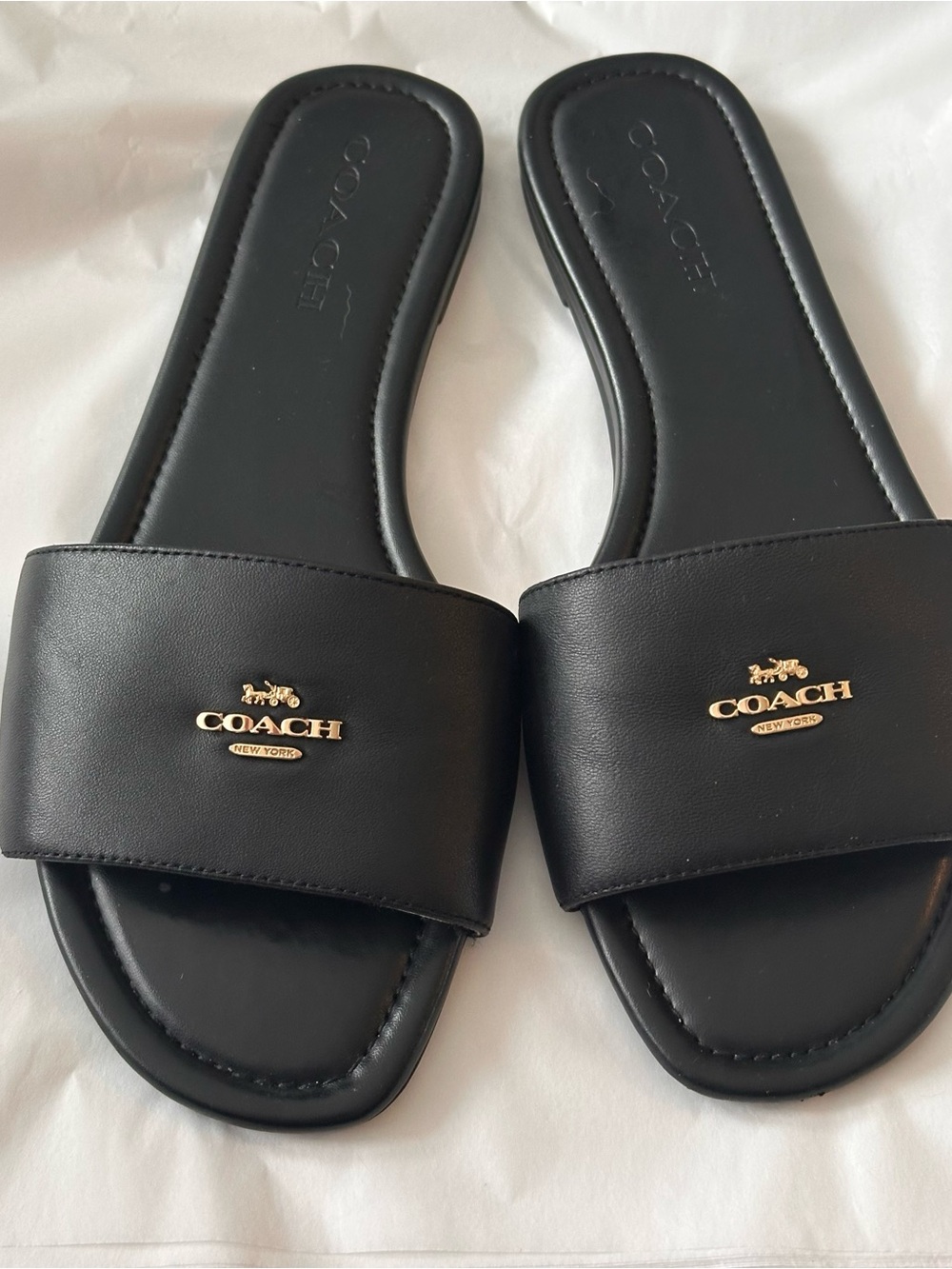 Coach Black Leather Slide Sandals – Gold Logo – Size 9